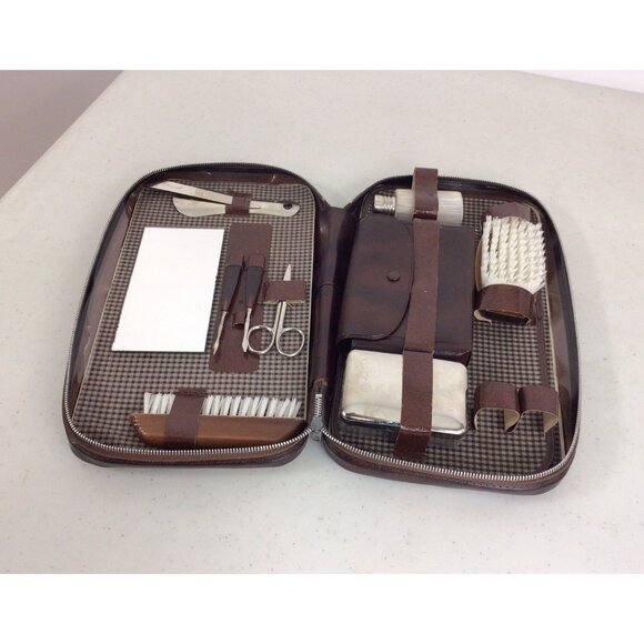 Vintage Travel Toiletry Kit Brown Leather Set - Picture 1 of 7